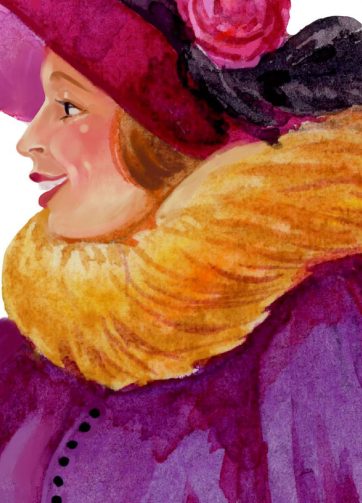 Fragment of Watercolor illustration: Lady with a basket of gifts
