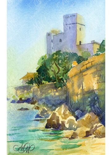 Travel watercolor postcards Solanto Castle