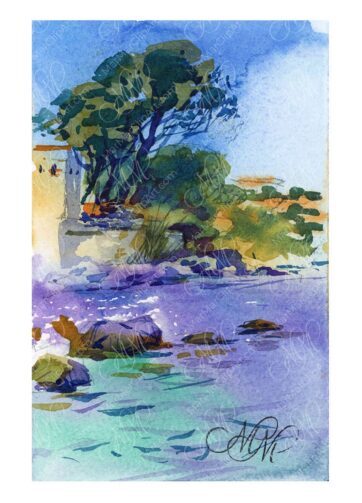 Watercolor sketch Sicilian sea and Rocks