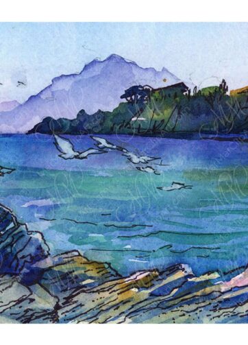 Watercolor sketch Sicilian sea Rocks and Seagulls