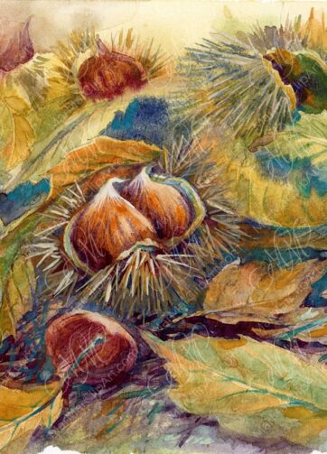 Autumn Carpet: Chestnuts. Watercolor Painting