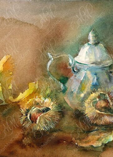 Autumn still life with chestnuts. Watercolor sketch