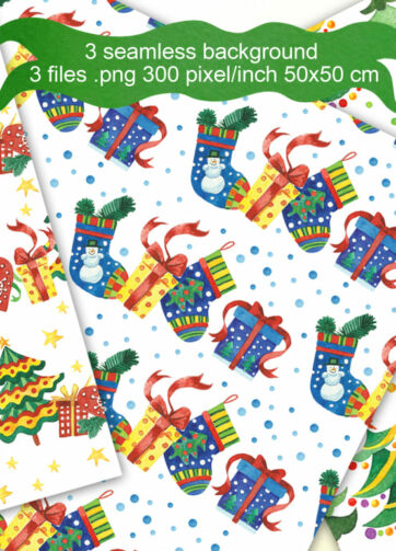 Christmas seamless pattern set. 3 Watercolor Christmas patterns