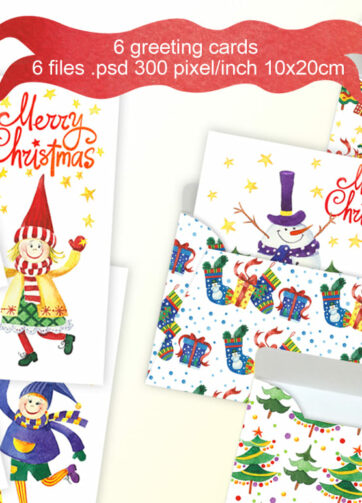 Christmas Card Set Christmas characters. 6 Watercolor Illustrations