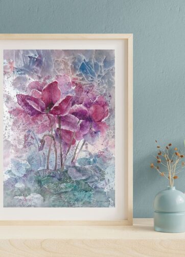 Winter Cyclamens watercolor painting. Watercolor Art Wall